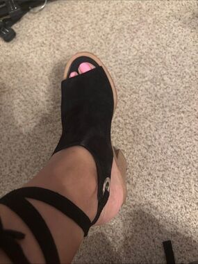 Black Suede Peep-Toe Block Heel Sandals